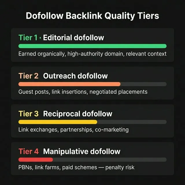The 4 quality tiers of dofollow backlinks — from editorial (highest) to manipulative (highest risk).