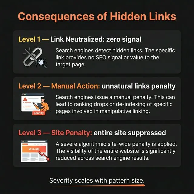 Consequences of hidden links — 3 severity levels from link neutralization to site-level penalty.