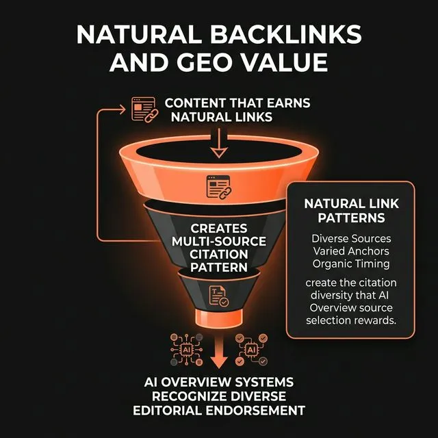 Natural backlinks and GEO value — diverse citation patterns from natural links feed AI Overview source selection.
