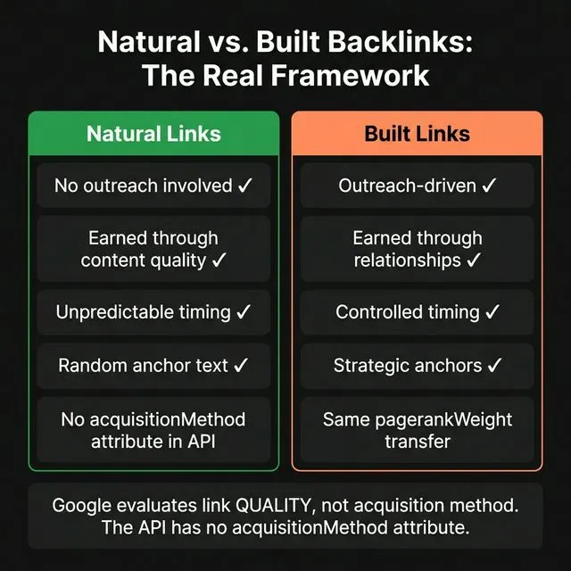 Natural vs built backlinks — the real framework showing both produce identical algorithmic signals.