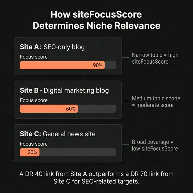 How siteFocusScore determines niche relevance — comparing narrow, medium, and broad content domains.