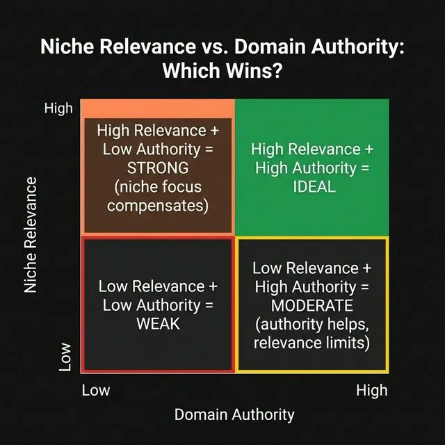 Niche relevance vs. domain authority 2x2 matrix — showing where each combination falls.
