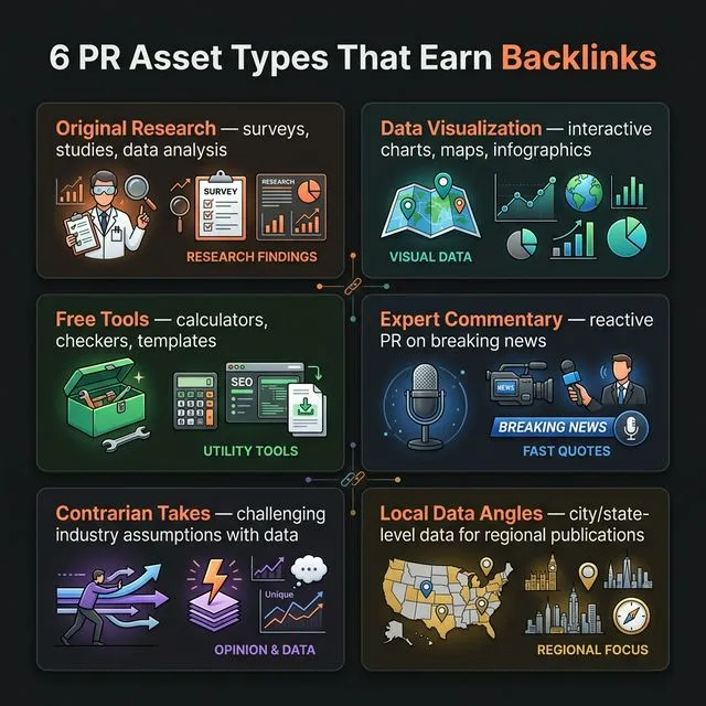 6 PR asset types that earn backlinks — original research, data visualizations, free tools, expert commentary, contrarian takes, and local data angles.