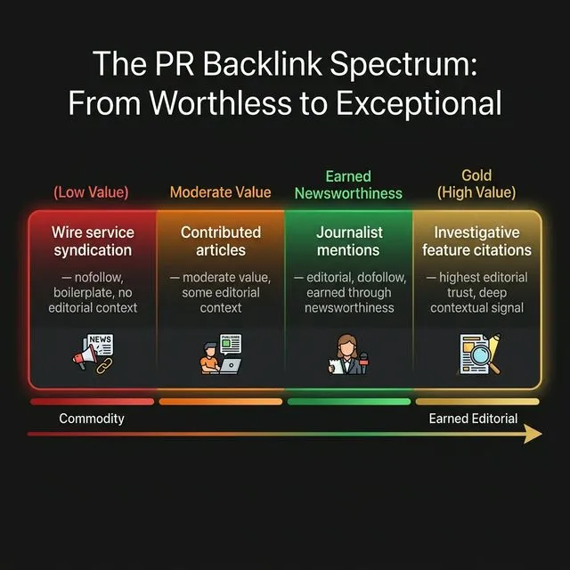 The PR backlink spectrum — from worthless wire syndication to exceptional investigative feature citations.