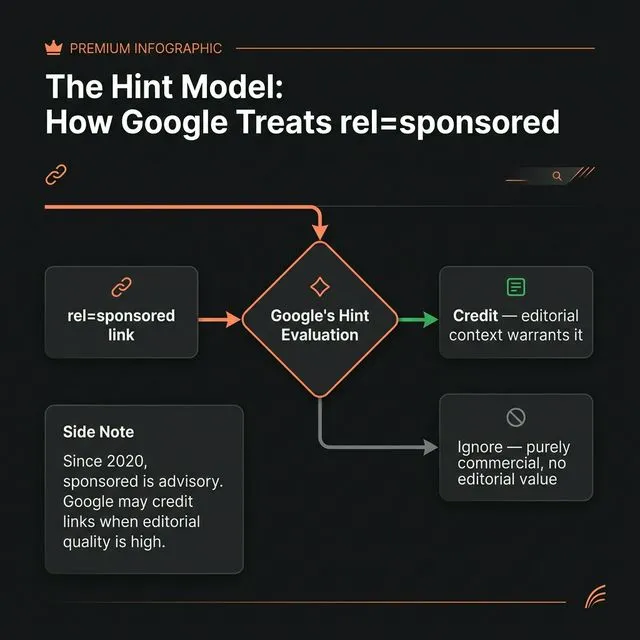The hint model — how Google treats rel=sponsored as a hint, not a directive.