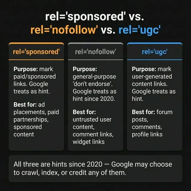 rel=sponsored vs rel=nofollow vs rel=ugc — all three are hints since 2020.