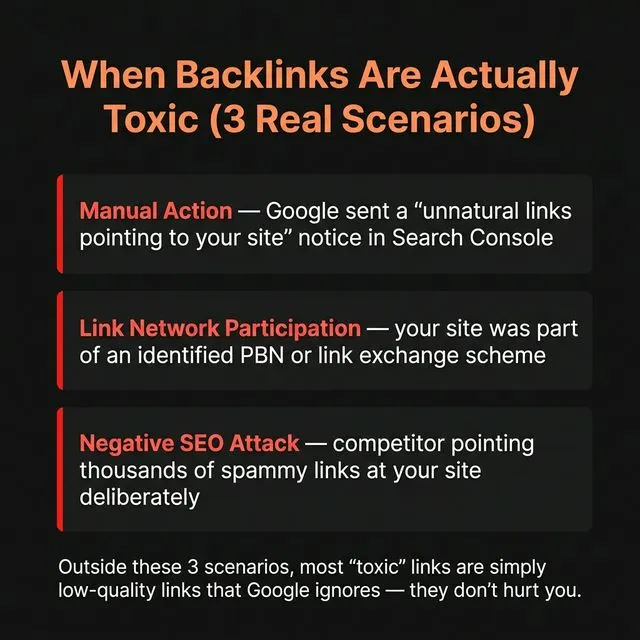 When backlinks are actually toxic — 3 real scenarios: manual action, link network participation, negative SEO attack.