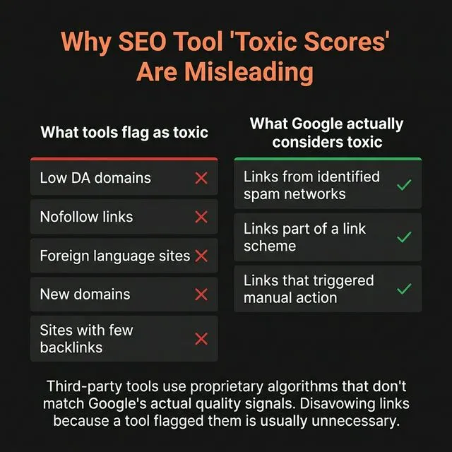 Why SEO tool toxic scores are misleading — what tools flag vs what Google actually considers toxic.
