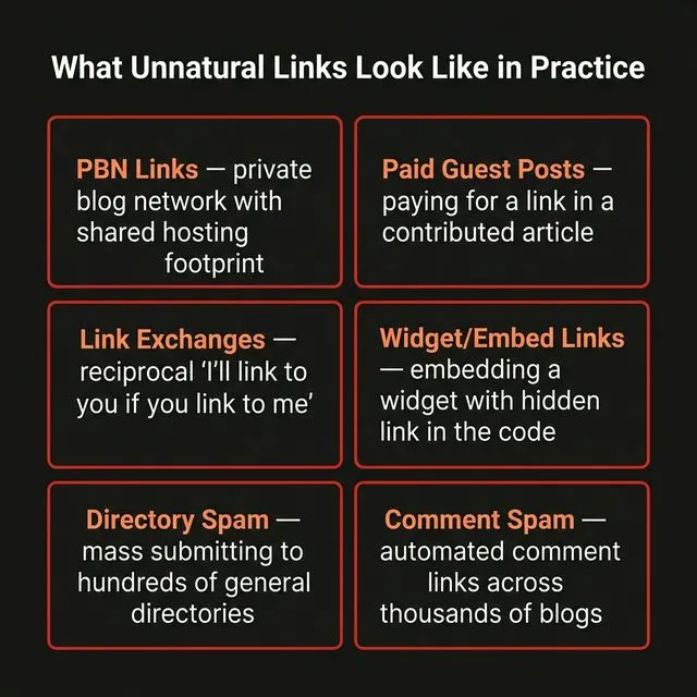 What unnatural links look like in practice — 5 pattern types from anchor manipulation to network signatures.