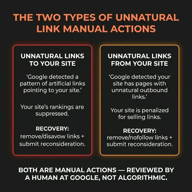 Two types of unnatural link manual actions — links TO your site vs links FROM your site.