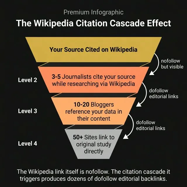 The Wikipedia citation cascade — one nofollow citation on Wikipedia triggers dozens of dofollow editorial backlinks from journalists and bloggers who discover your source through Wikipedia research.